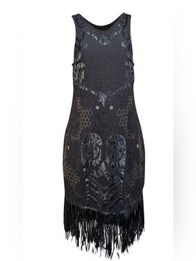 Yoana Baraschi - Black Beaded & Applique Fringe Hem Dress, size 12